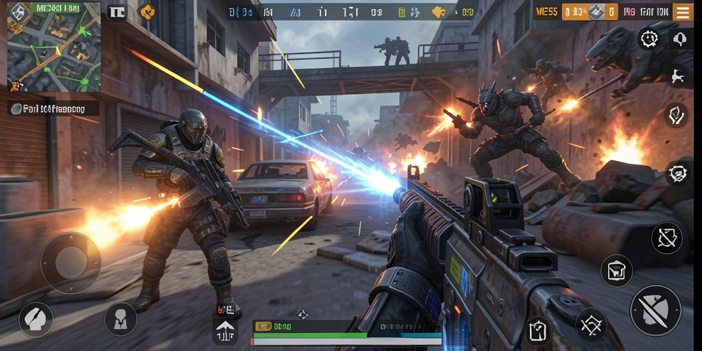 Screenshot ME355 menampilkan aksi tembakan yang mendebarkan di medan perang FPS.