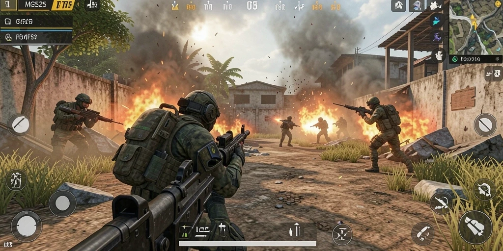 Tampilan gameplay MG525 dalam aksi pertempuran FPS yang seru.