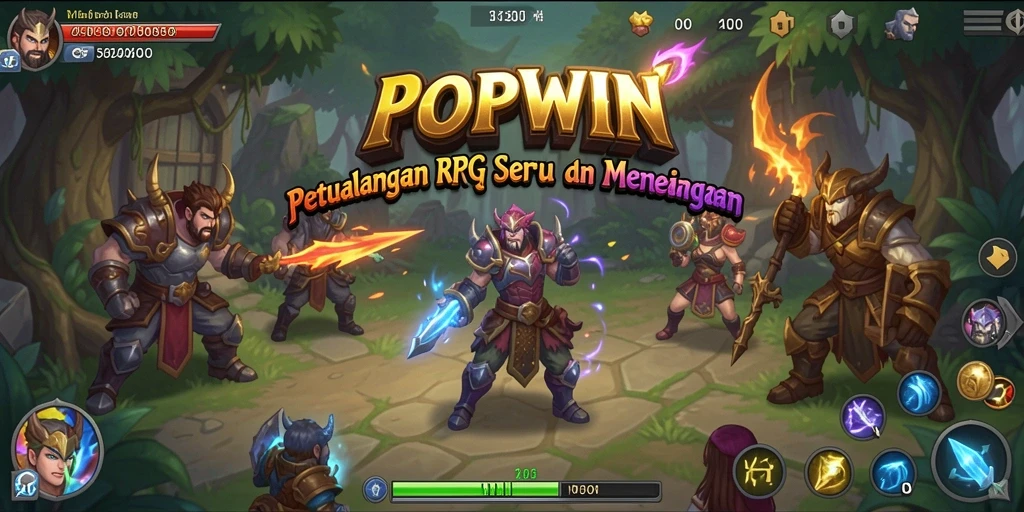Screenshot gameplay POPWIN menampilkan karakter bertarung di dunia fantasi yang menakjubkan.
