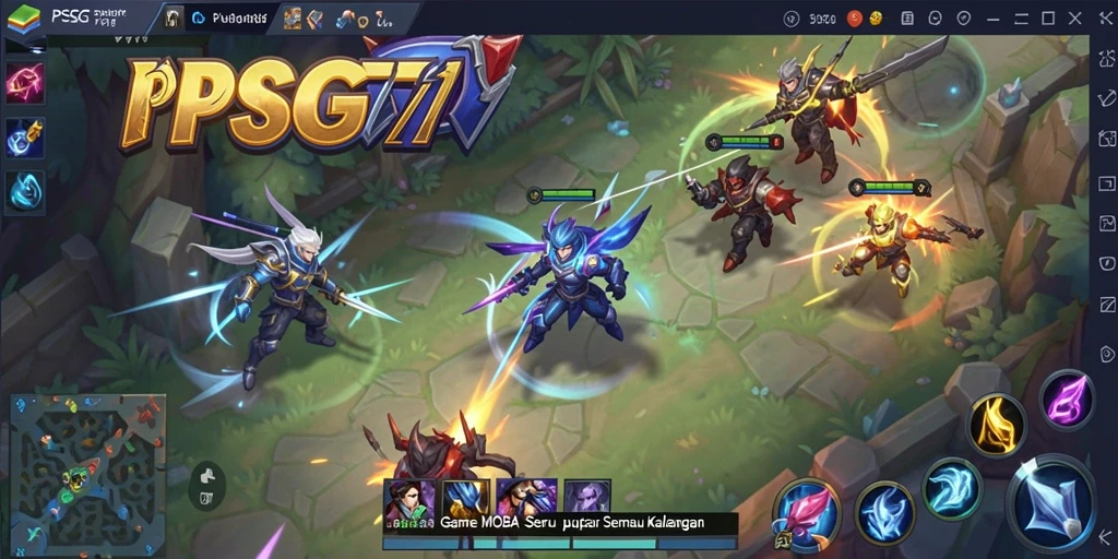 Screenshot PSG77 menampilkan pertempuran seru dalam gameplay MOBA.